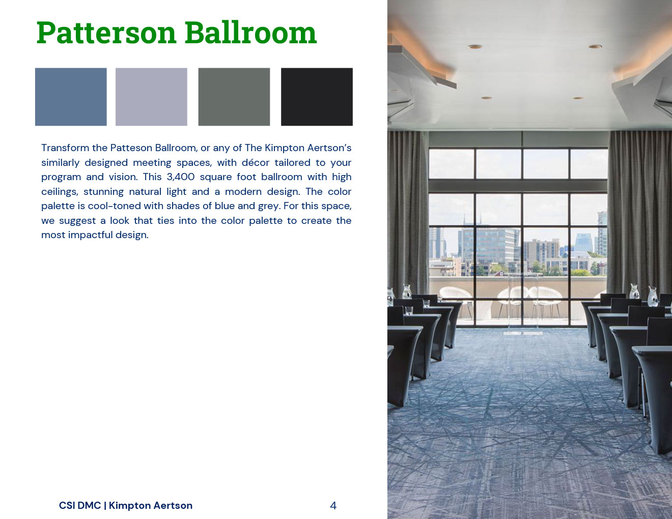 Patterson Ballroom Room Details Page including blue/gray color palette and square footage (3,400 square feet)